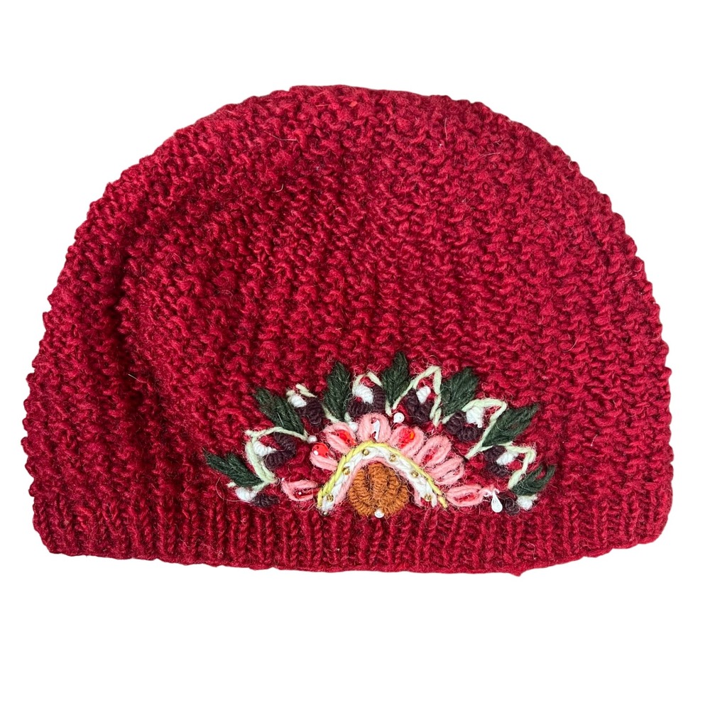 Ganeshimal Womens Red Hand Knit Wool Fleece Lined Floral Embroidered Beanie Hat